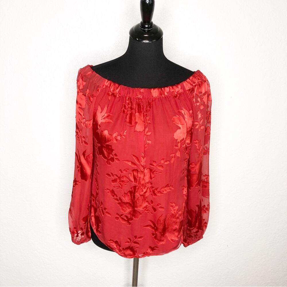 WHBM red floral burnout sheer overlay off shoulder silk blend top size Small
